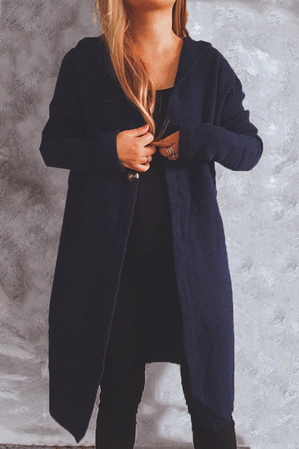 Casual Solid Color Button Down Hooded Cardigan
