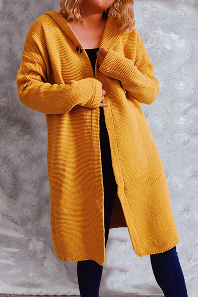 Casual Solid Color Button Down Hooded Cardigan