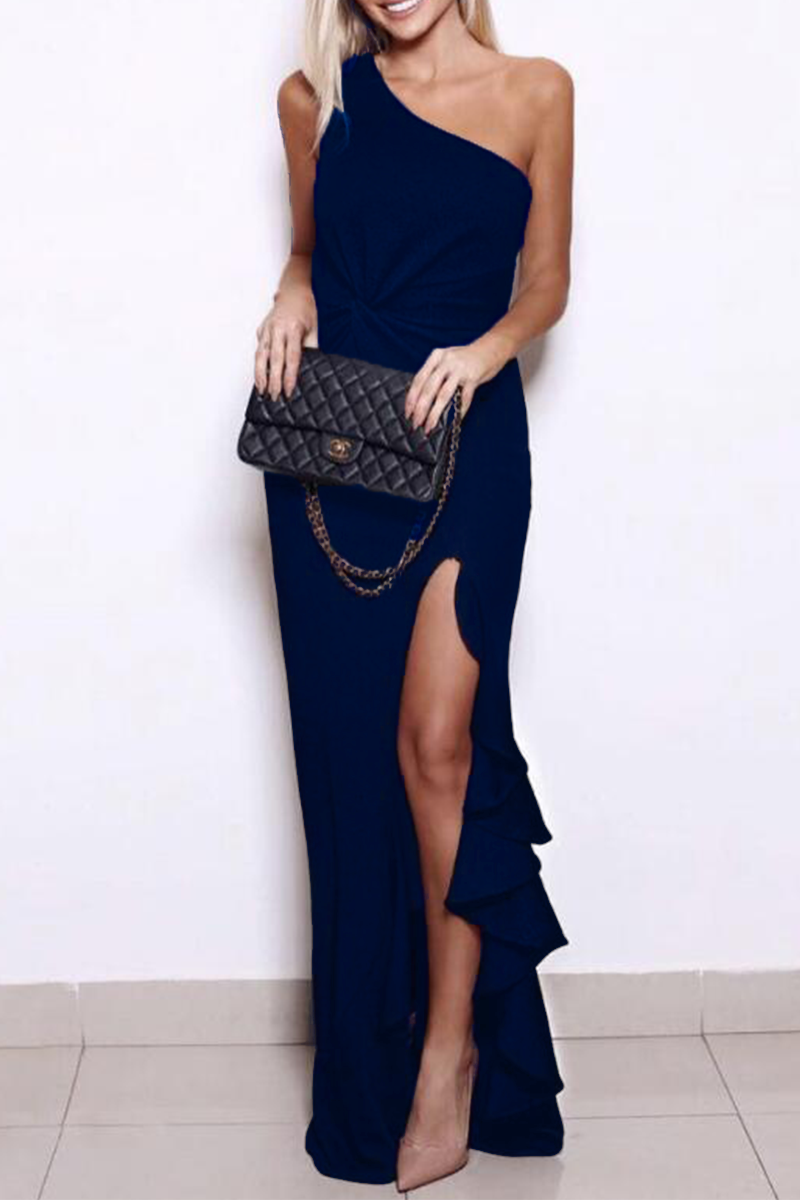 Amalie - Elegant evening dress with a strap and voluminous ruffled slit