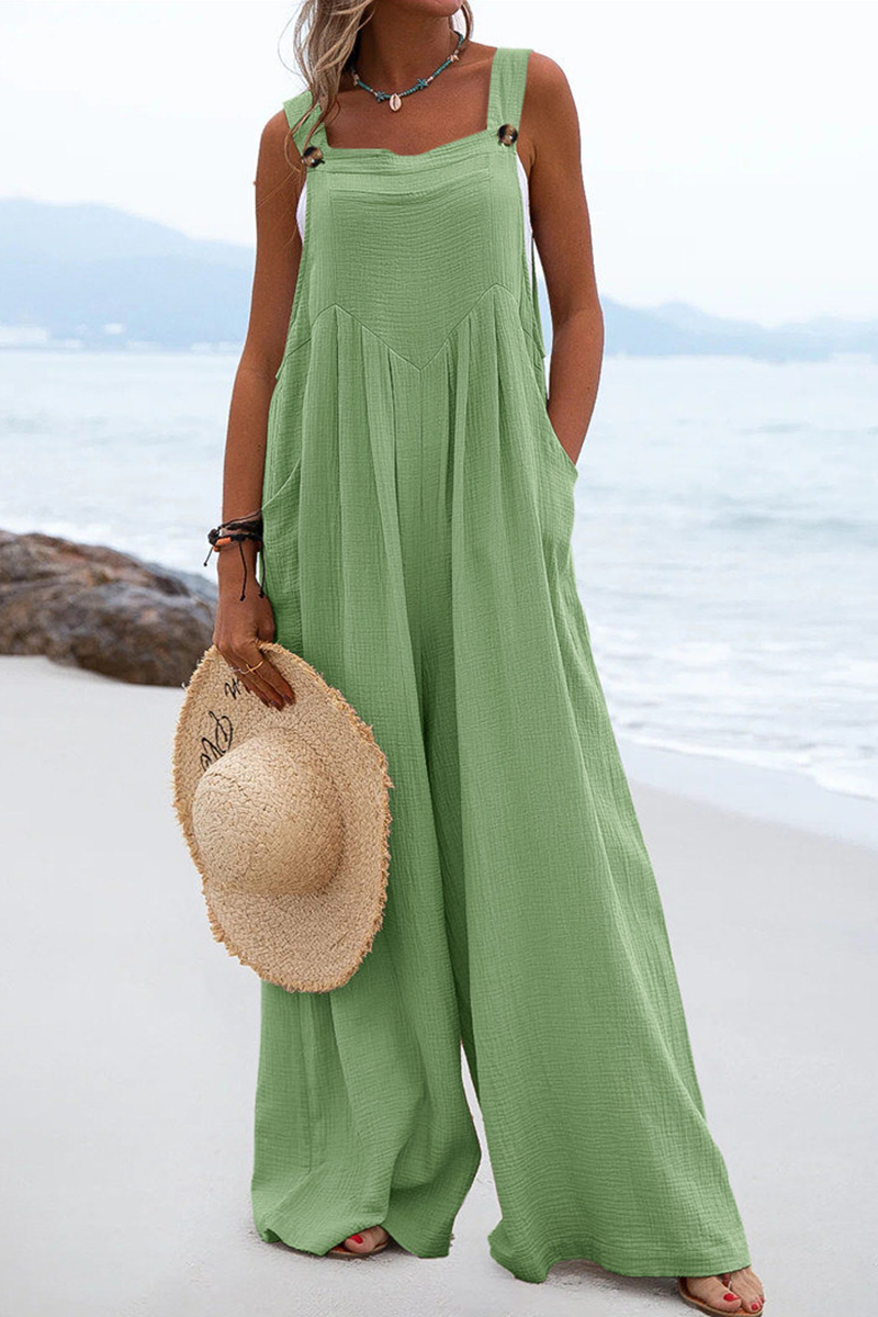 Delia - Casual loose jumpsuit with square neckline and plain patches