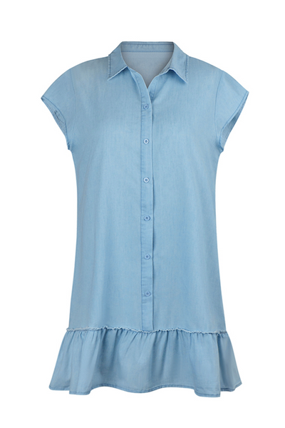 Estefania - Casual A-Line Dress with Fixed Buckle and Ruffles and Polo Collar