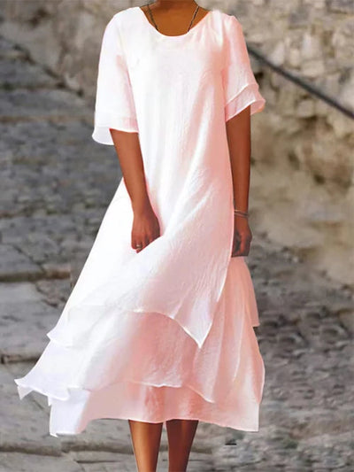 Long lightweight dress with short sleeves and layered skirt