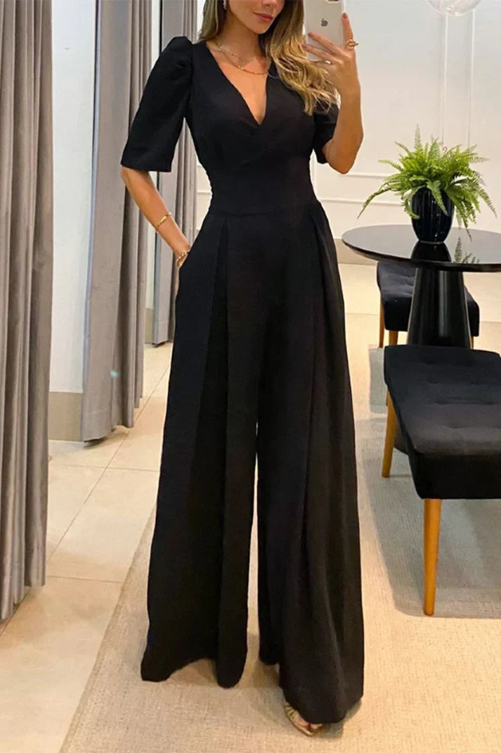 Casandra - Casual Solid Color V-Neck Jumpsuits