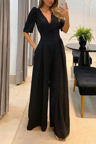 Casandra - Casual Solid Color V-Neck Jumpsuits