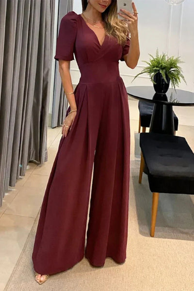 Casandra - Casual Solid Color V-Neck Jumpsuits