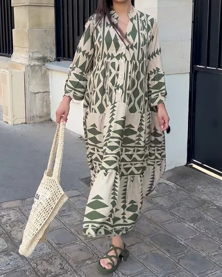 Kimy Women's Fashion, Casual, V-Neck, Long Sleeve, Printed Dress