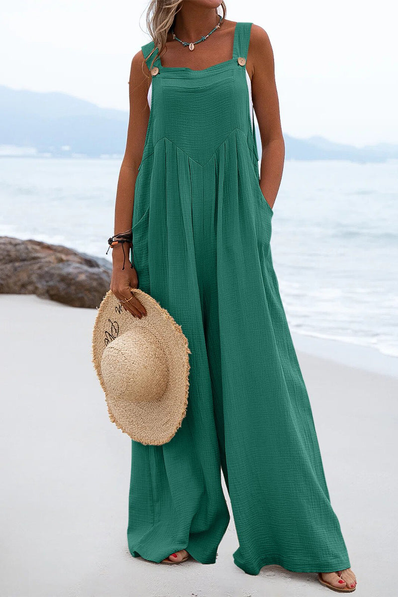 Delia - Casual loose jumpsuit with square neckline and plain patches