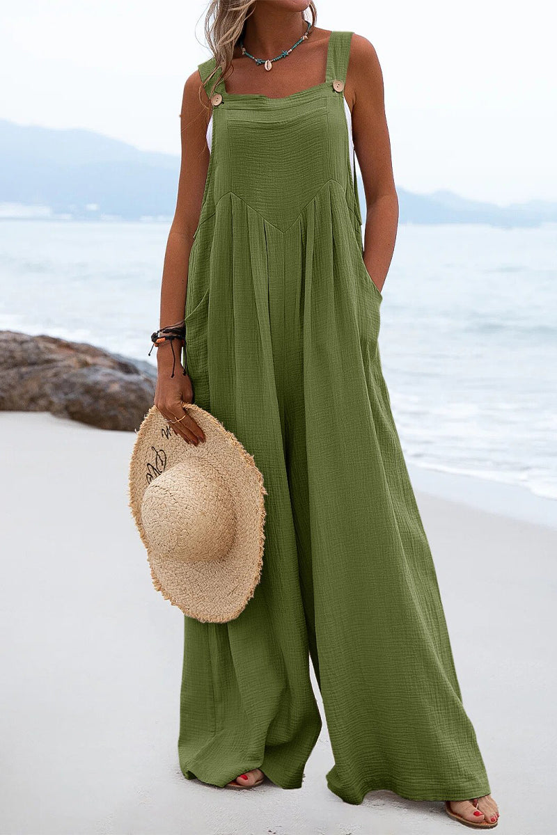 Delia - Casual loose jumpsuit with square neckline and plain patches