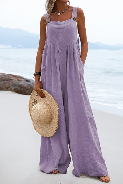 Delia - Casual loose jumpsuit with square neckline and plain patches