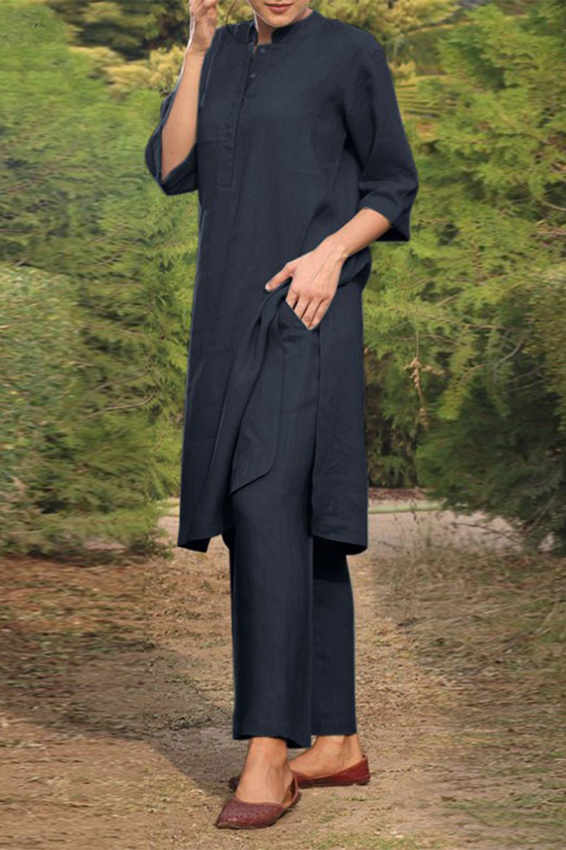 Women's casual set with a long round neck sweater and long sleeves and wide-legged pants