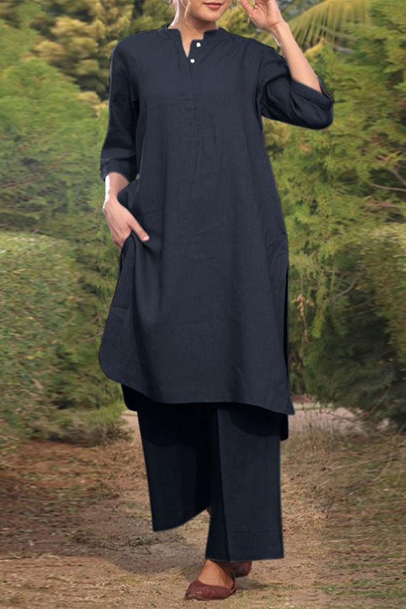 Women's casual set with a long round neck sweater and long sleeves and wide-legged pants