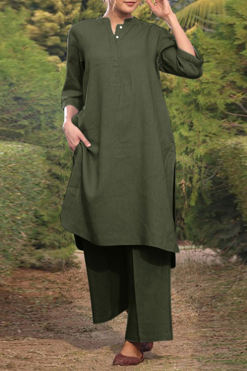 Women's casual set with a long round neck sweater and long sleeves and wide-legged pants