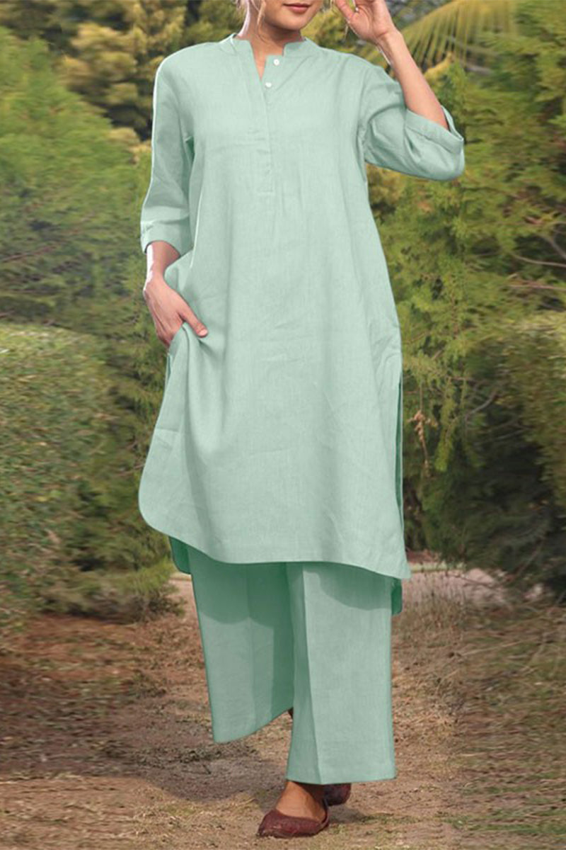 Women's casual set with a long round neck sweater and long sleeves and wide-legged pants