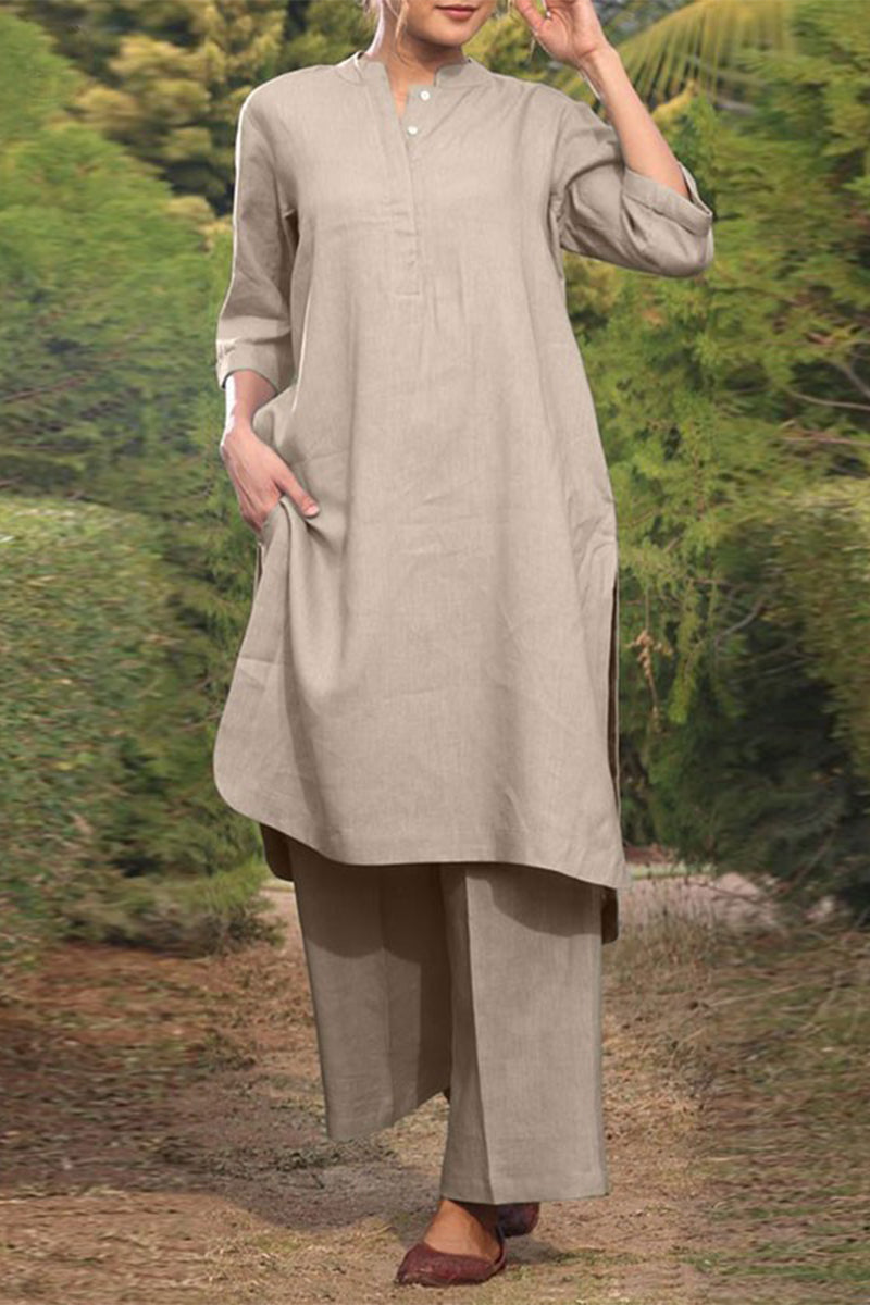 Women's casual set with a long round neck sweater and long sleeves and wide-legged pants