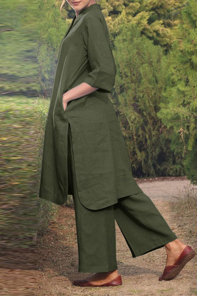 Women's casual set with a long round neck sweater and long sleeves and wide-legged pants