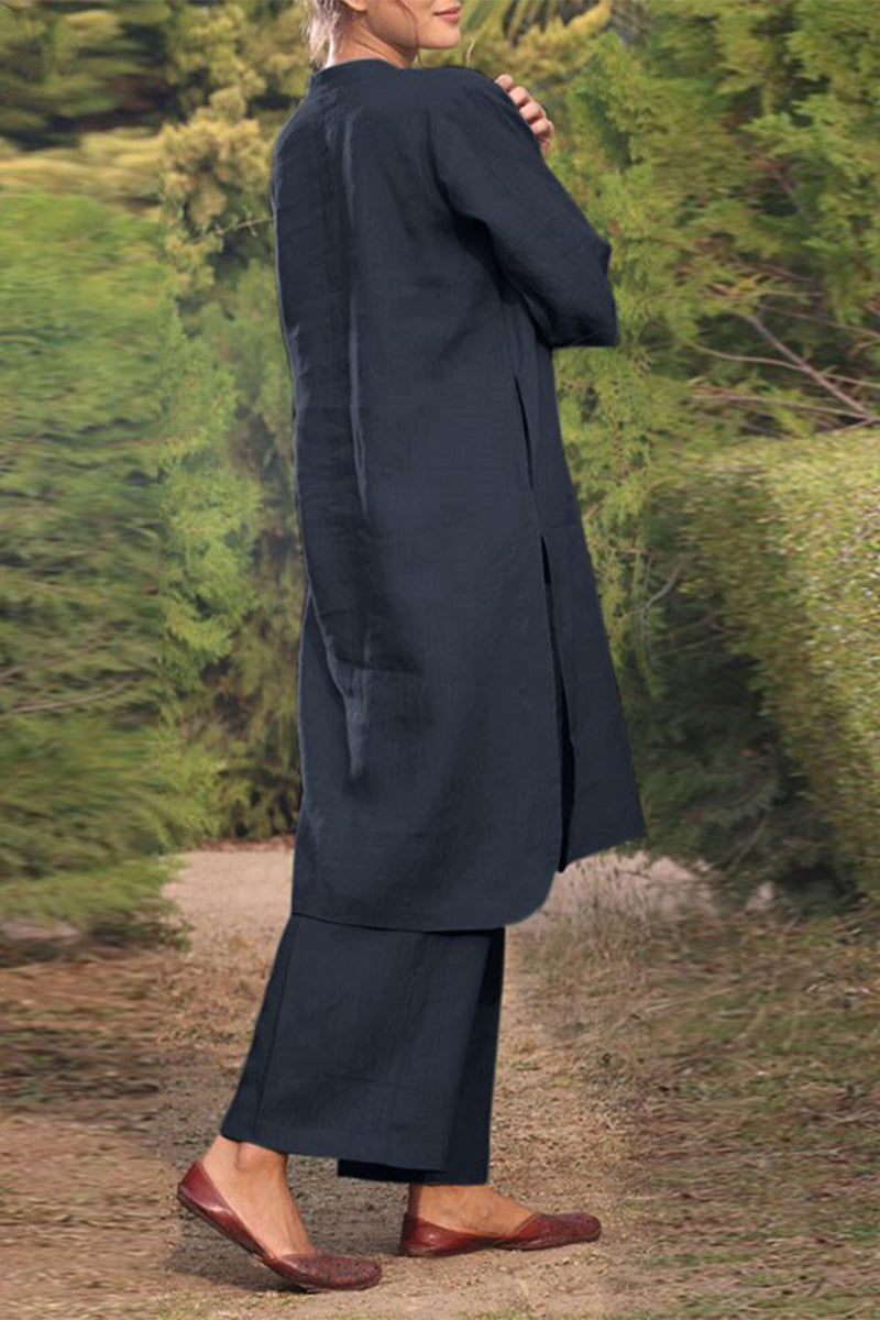 Women's casual set with a long round neck sweater and long sleeves and wide-legged pants