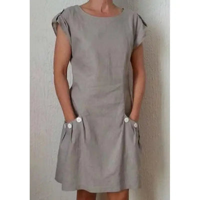 Micaela - Casual woven dress with short sleeves and a round neckline, khaki
