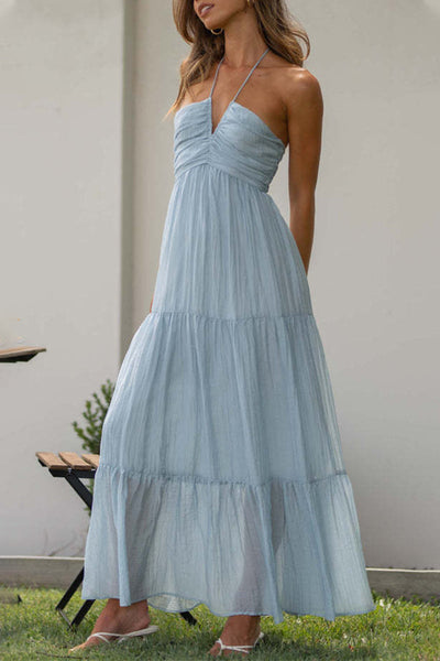 Claudia - Elegant and Sweet Plain Patchwork Halter Neck Sleeveless Dress Dresses