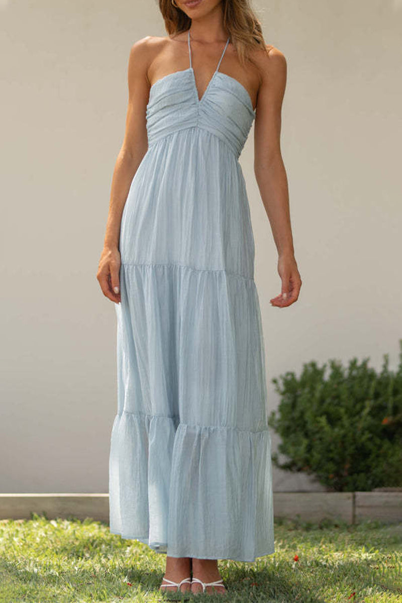 Claudia - Elegant and Sweet Plain Patchwork Halter Neck Sleeveless Dress Dresses