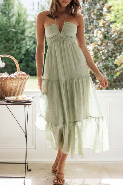 Claudia - Elegant and Sweet Plain Patchwork Halter Neck Sleeveless Dress Dresses