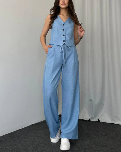 Emma - Solid Color Casual Vest Two-Piece Set