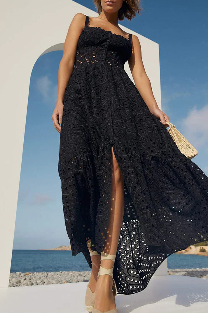 Karol - Sweet Elegant Solid Hollow Out Patchwork Square Neck Sling Dress Dresses