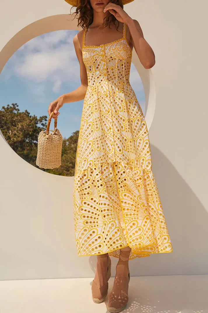 Karol - Sweet Elegant Solid Hollow Out Patchwork Square Neck Sling Dress Dresses