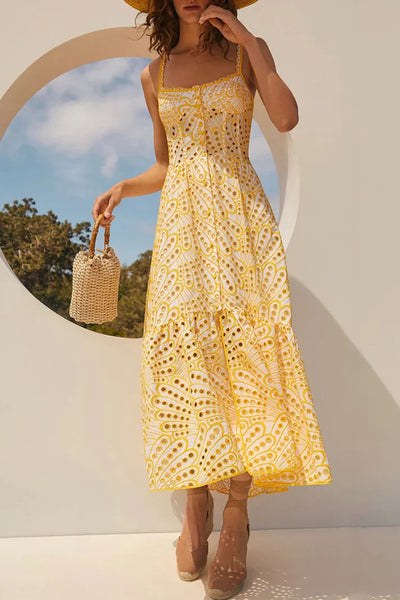 Karol - Sweet Elegant Solid Hollow Out Patchwork Square Neck Sling Dress Dresses