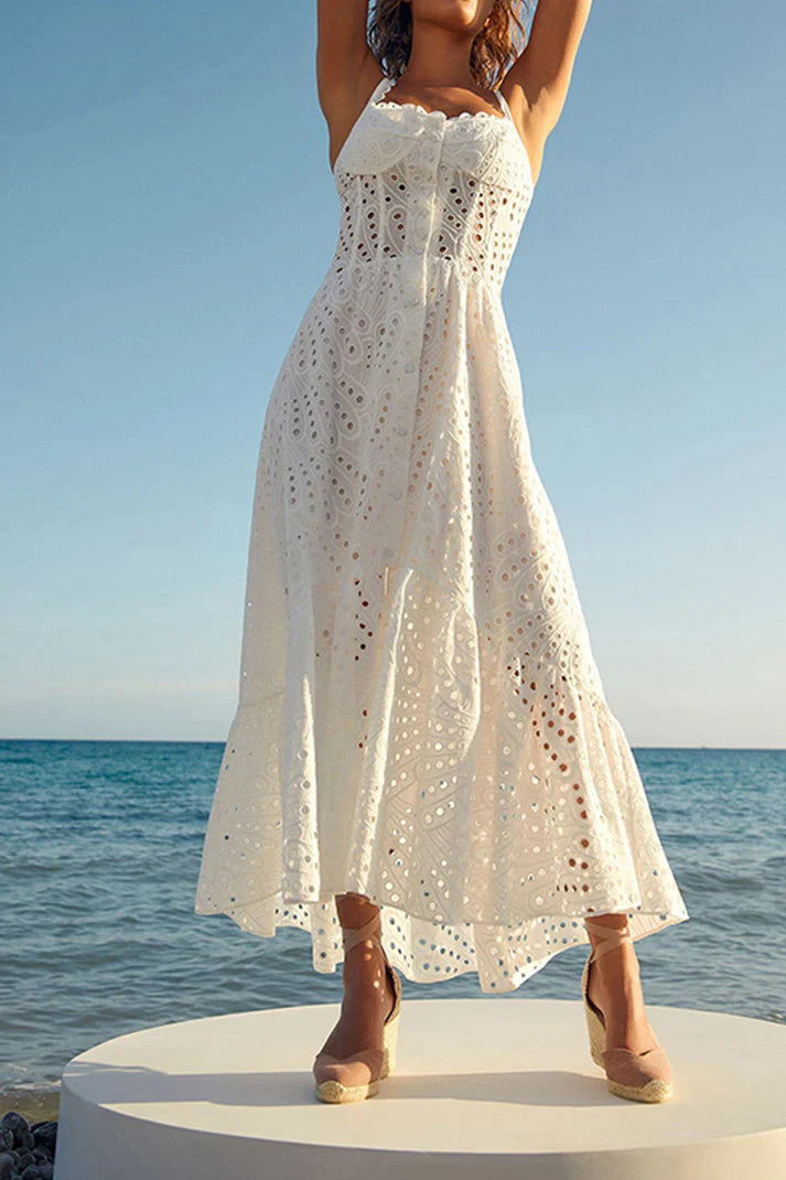 Karol - Sweet Elegant Solid Hollow Out Patchwork Square Neck Sling Dress Dresses