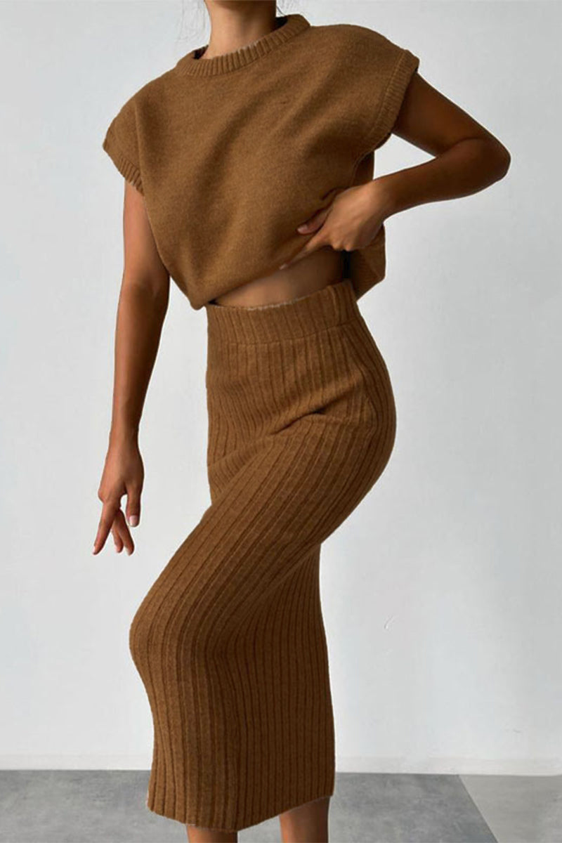 Ana's Solid Color High Neck Sleeveless Two Piece Set