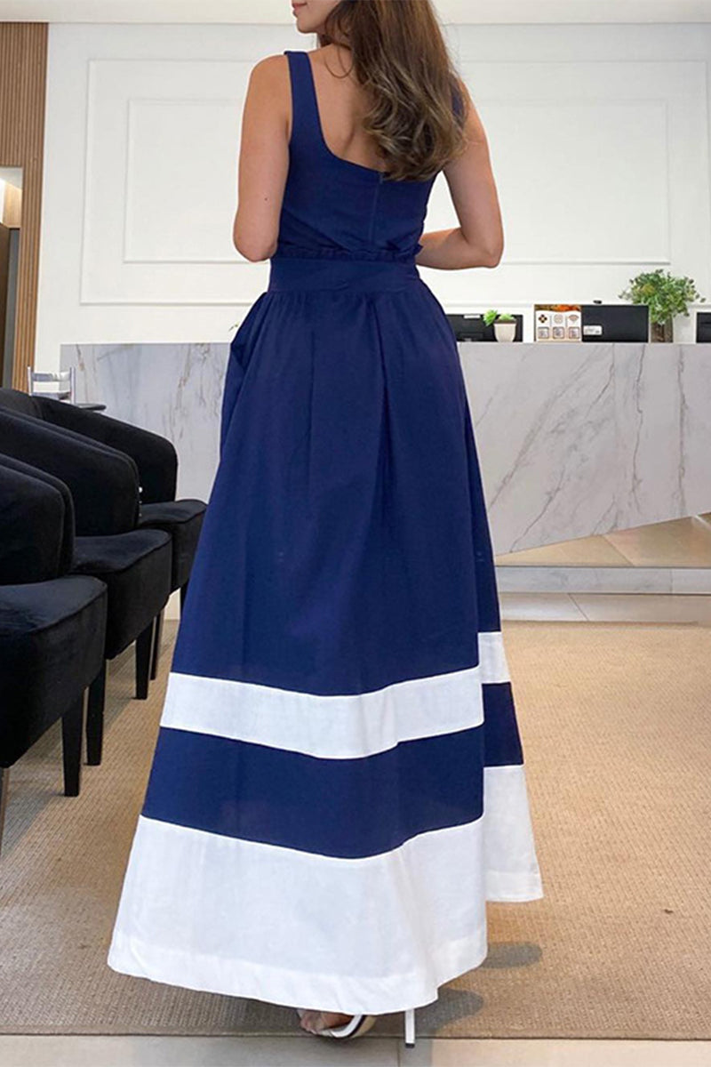 Domenica - Casual strap dresses with square neck and striped patchwork design