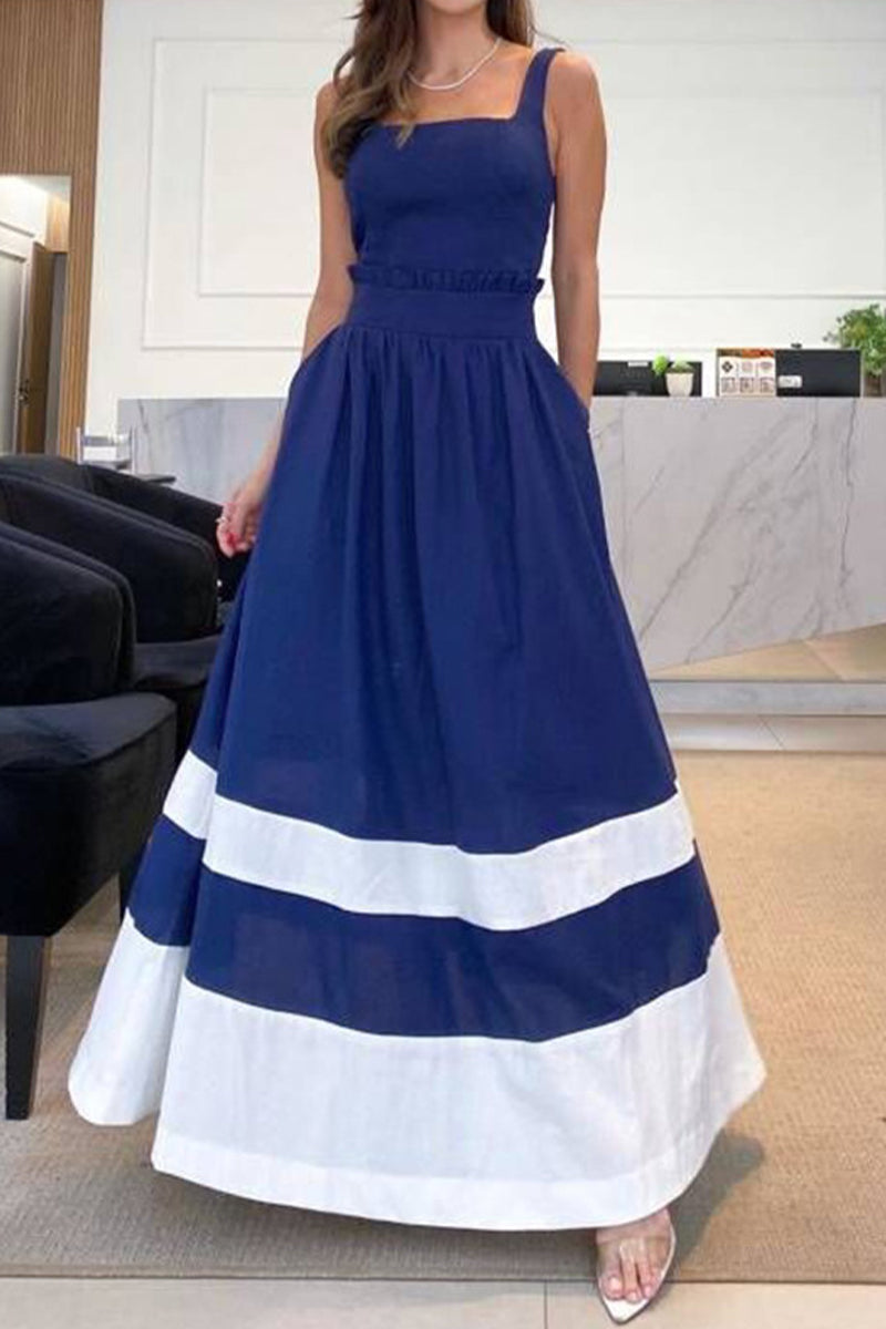 Domenica - Casual strap dresses with square neck and striped patchwork design