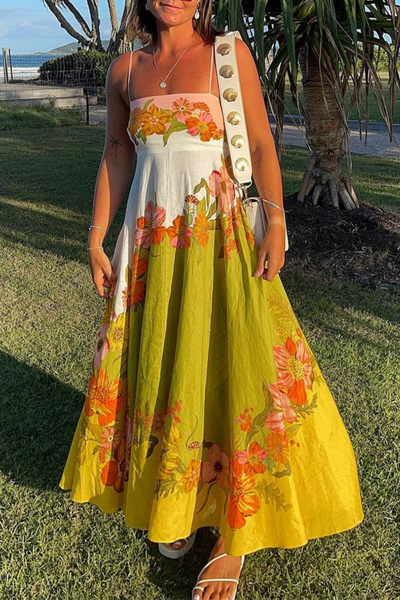 Malena - Strapless dresses with contrasting square neckline, pocket and floral print