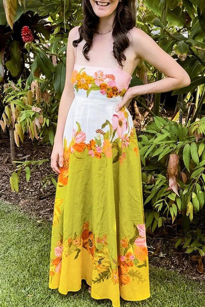 Malena - Strapless dresses with contrasting square neckline, pocket and floral print