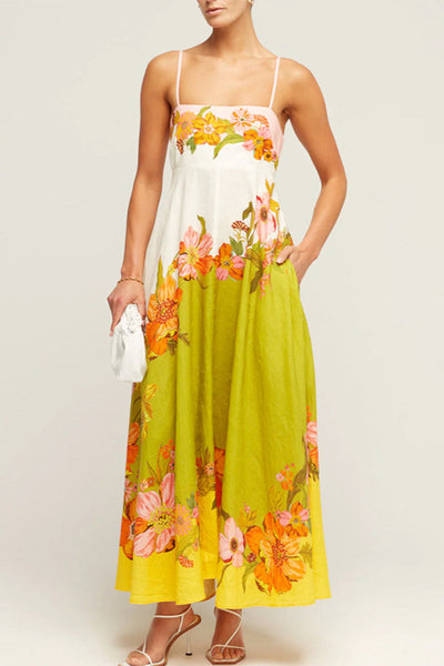 Malena - Strapless dresses with contrasting square neckline, pocket and floral print