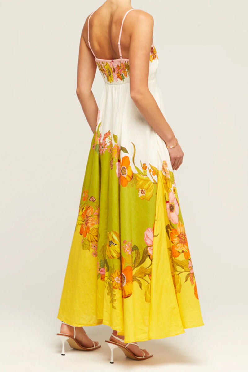 Malena - Strapless dresses with contrasting square neckline, pocket and floral print