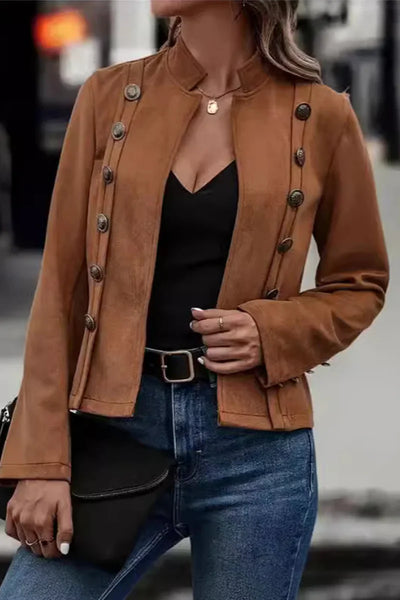 Melanie - Solid Color Buttons Patchwork Half Turtleneck Outerwear