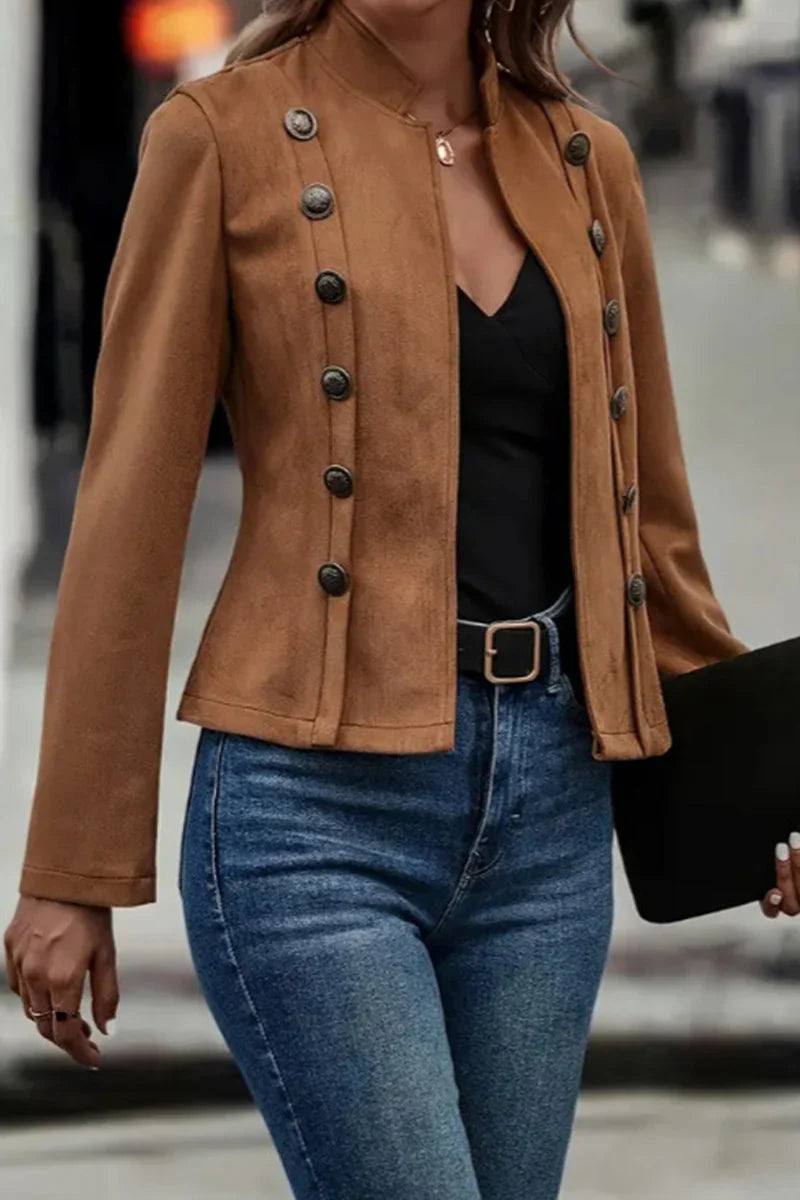 Melanie - Solid Color Buttons Patchwork Half Turtleneck Outerwear