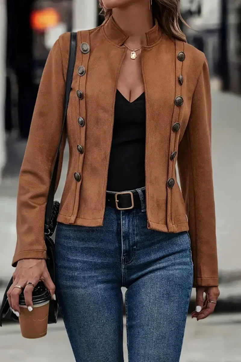 Melanie - Solid Color Buttons Patchwork Half Turtleneck Outerwear