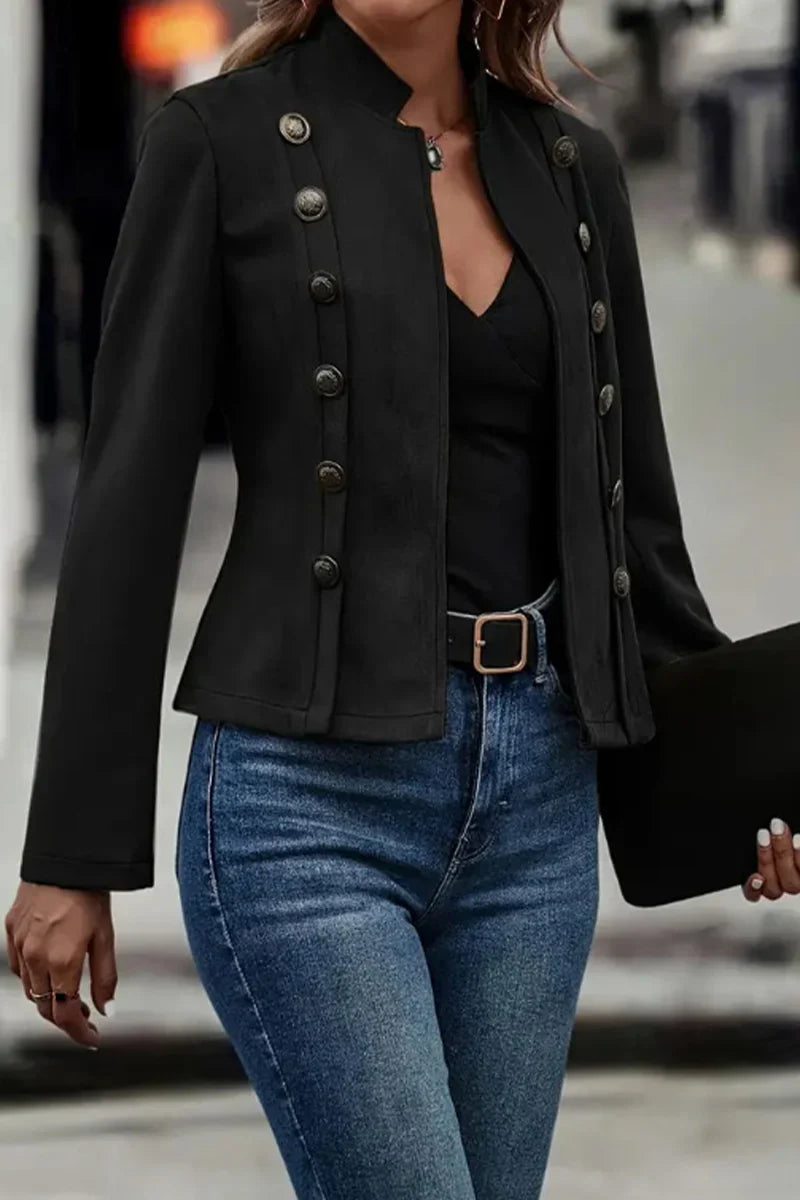 Melanie - Solid Color Buttons Patchwork Half Turtleneck Outerwear