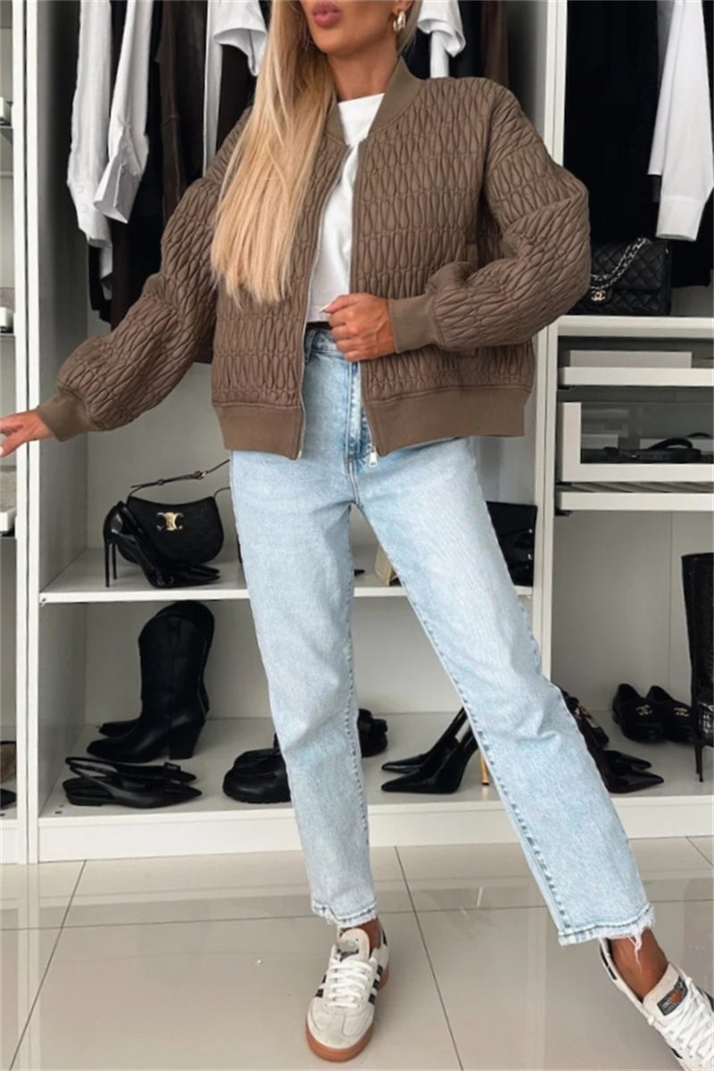 Casual Solid Color Zip-Up Jacket with Mao Collar