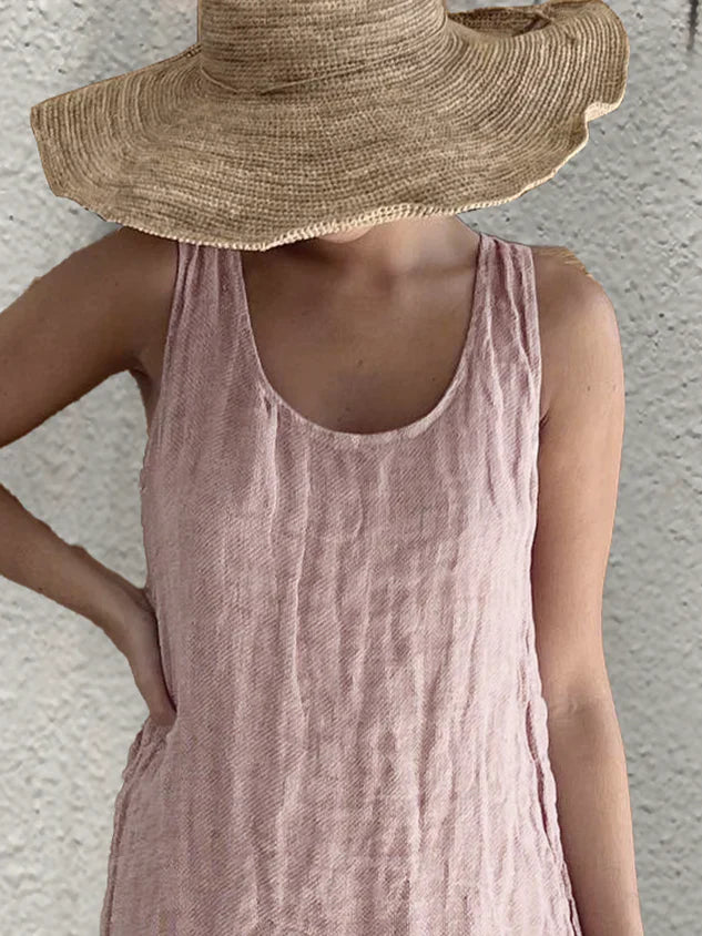 Greattioa Women's Casual Loose Cotton Linen Summer Vacation Plain Round Neck Sleeveless Dress