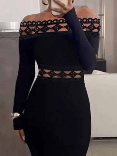 Fitted midi dress with long sleeves, openwork design and off-the-shoulder neckline for a sophisticated look