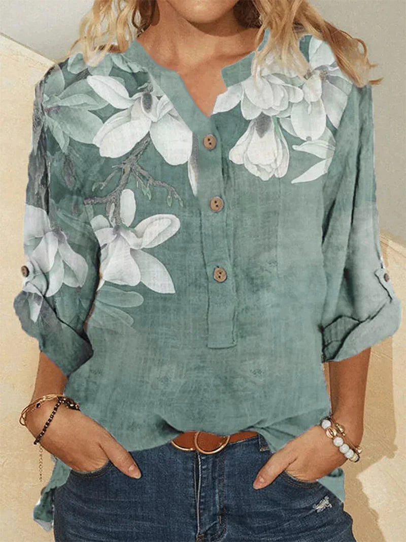 Women's high-neck cotton shirt with floral embroidery