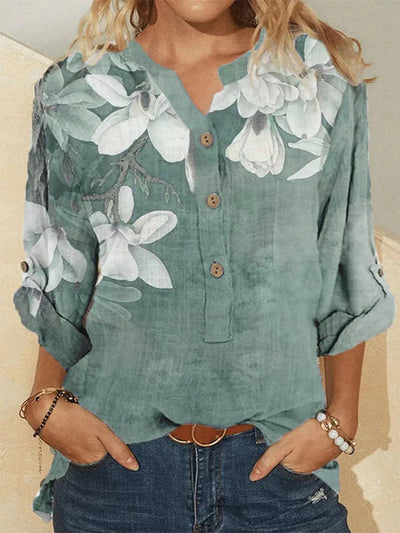Women's high-neck cotton shirt with floral embroidery