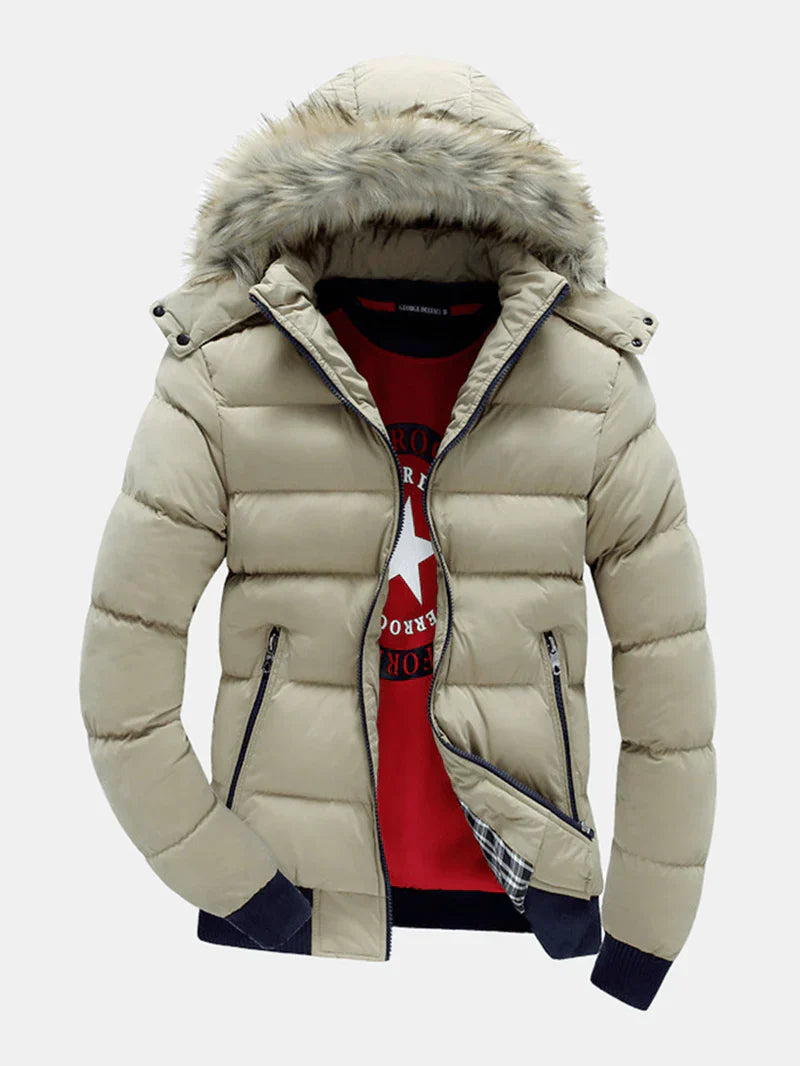Javier Men's Modern Coat with Hood and Detachable Collar in Patchwork Design