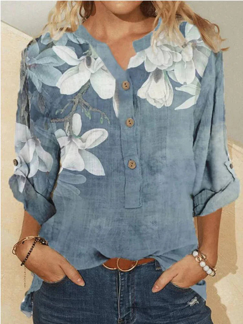Women's high-neck cotton shirt with floral embroidery