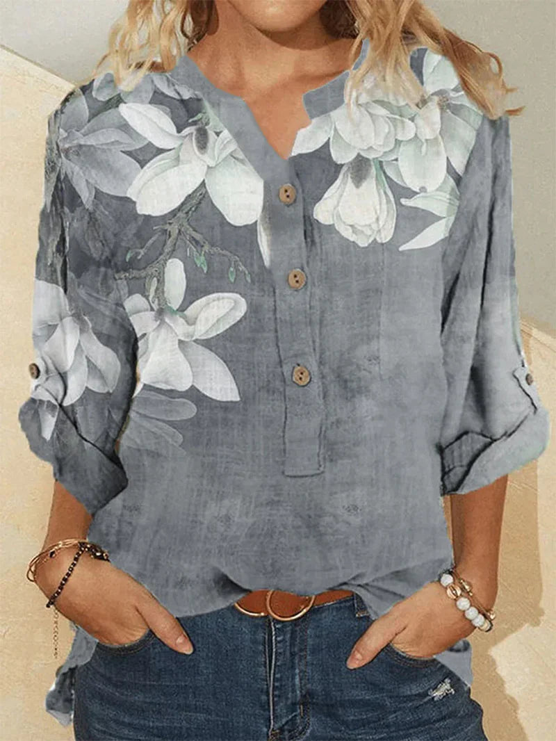 Women's high-neck cotton shirt with floral embroidery