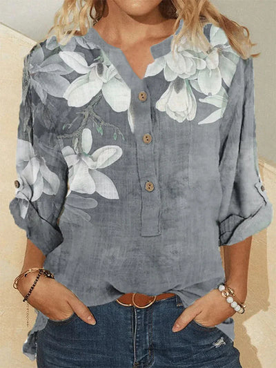 Women's high-neck cotton shirt with floral embroidery