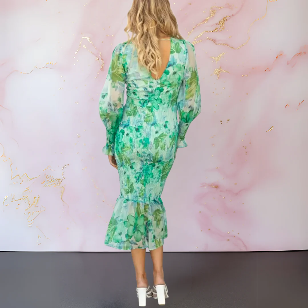 Floral print midi dress with a V-neckline and long puff sleeves